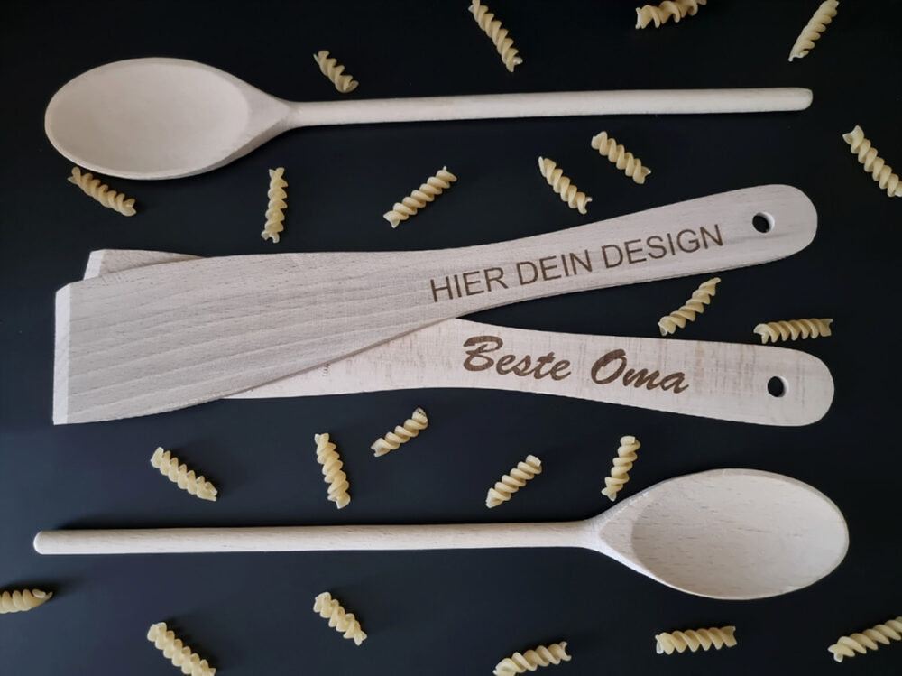 Kochlöffel-Set aus Buchenholz mit Gravur
